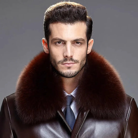 Fashion warm real Fox fur big collar men and women lapels scarves leather square collar leather coat with real fur collar