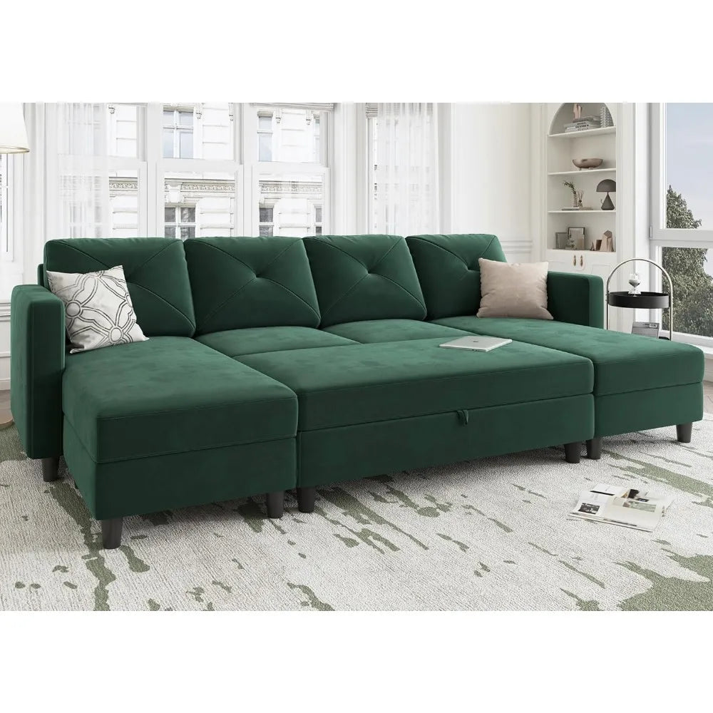 Sleeper Sectional Sofa Set ,with Storage Ottoman 4-Seat Sectional Sofa Set for Living Room, Velvet U Shaped Couch