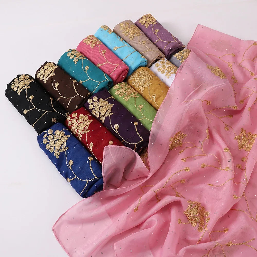 Embroidered Diamond Chiffon Scarf Hijabs for Woman Turban Shawls Scarves Head Scarf Headwraps for Women Turban Femme Bandana