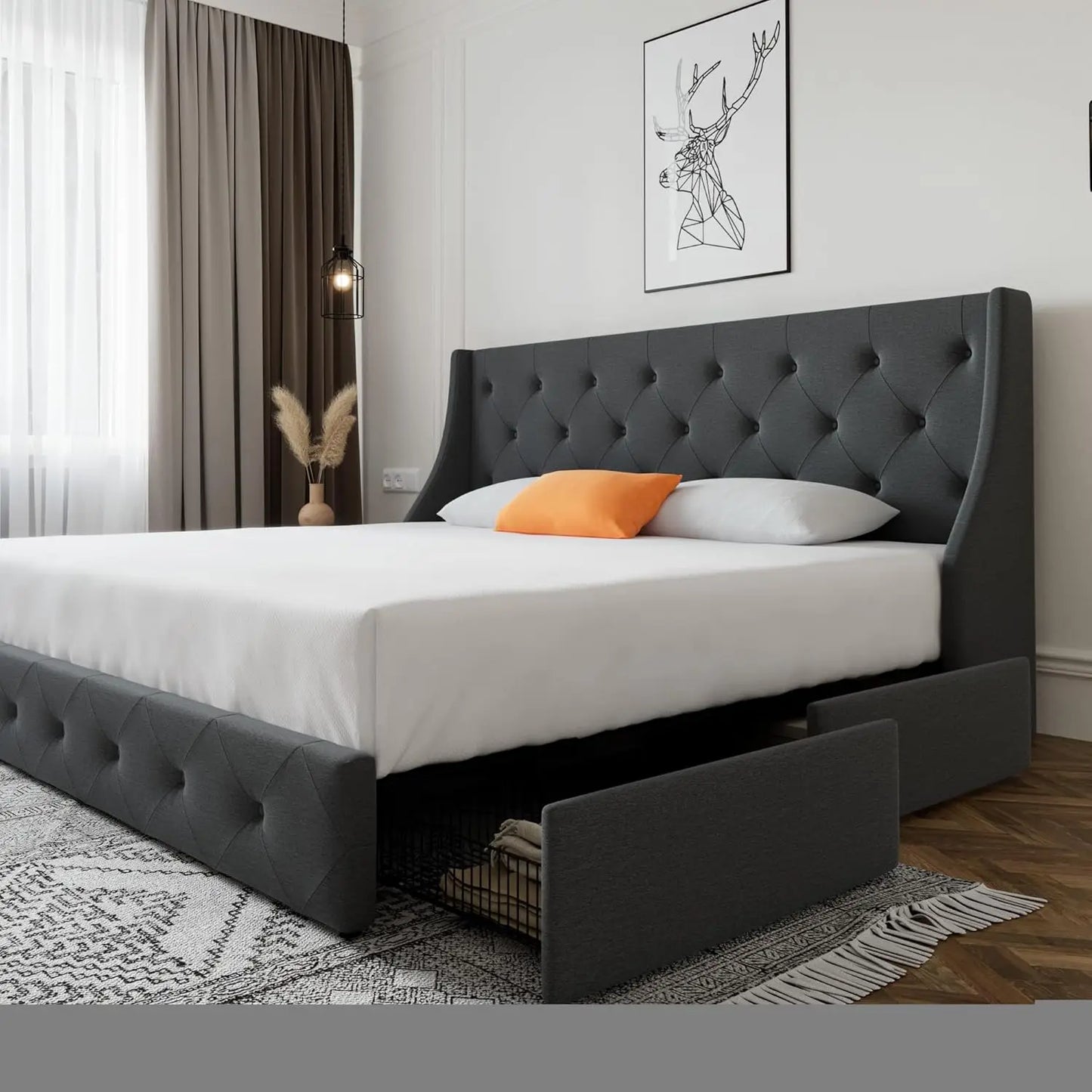 King Size Platform Bed Frame with 4 Storage Drawers and Wingback Headboard, Diamond Stitched Button Tufted Design