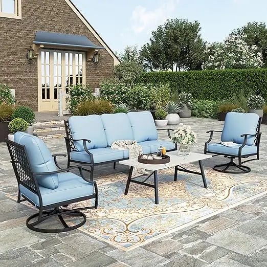 Outdoor Sofa Sets, 3-Seat Sofa with Marbling Coffee Table, All Weather Outdoor Conversation Set ,4 Piece Patio Furniture Set