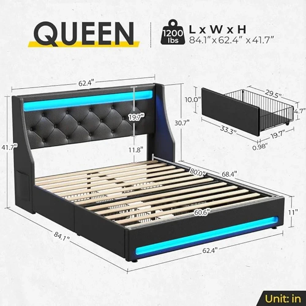 Queen Bed Frame with LED Lights and Charging Station, PU Leather Bed with Drawers, Wooden Slats, Noise Free, Easy Assembly,Black