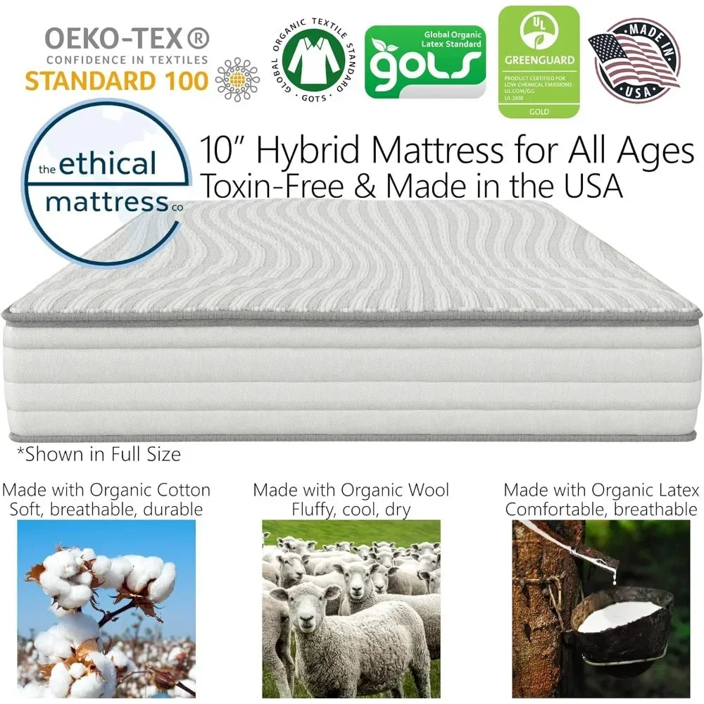 10" Hybrid Mattress, Made in USA with Organic Cotton, Wool, Latex & Pocketed Coils (Mattress-in-a-Box) , King Size Mattress