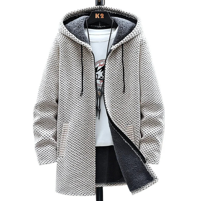 Good Quality Autumn and Winter New Men's Fashion Handsome Casual Long Coat with Velvet Trench Jacket  Knit Wear Men