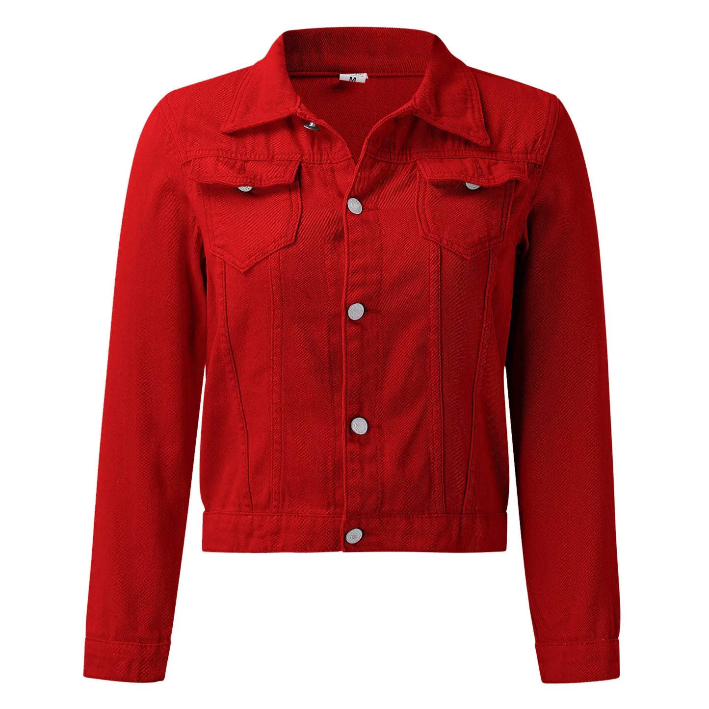 Red Women's Denim Coat Jacket Solid Color Button Down Denim Cotton Jacket With Double Pocket Lapel Denim Jacket Women Crop Top