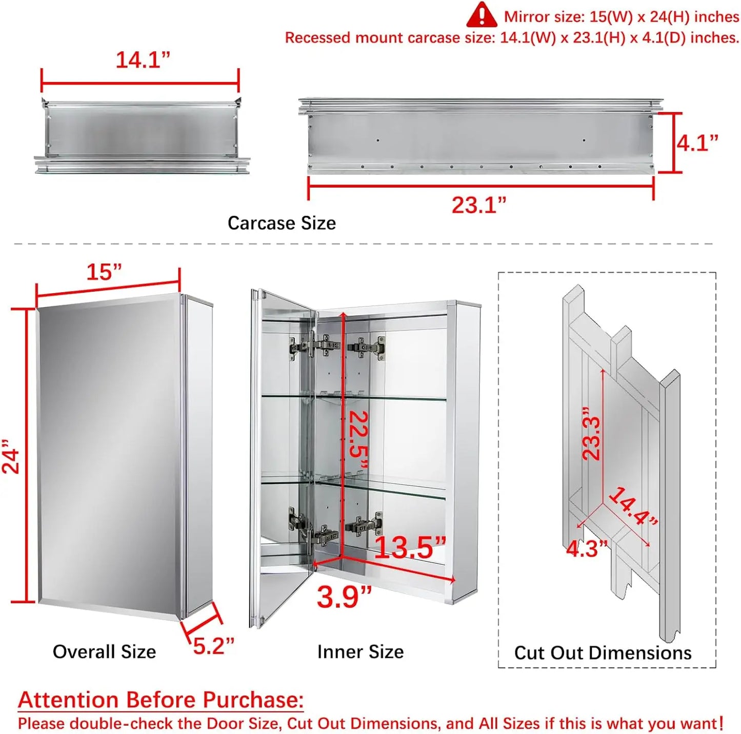 Bathroom Medicine Cabinet with  Double Sided Mirror Door15 Inch x 24 Inch Recess or Surface Mount, Silver