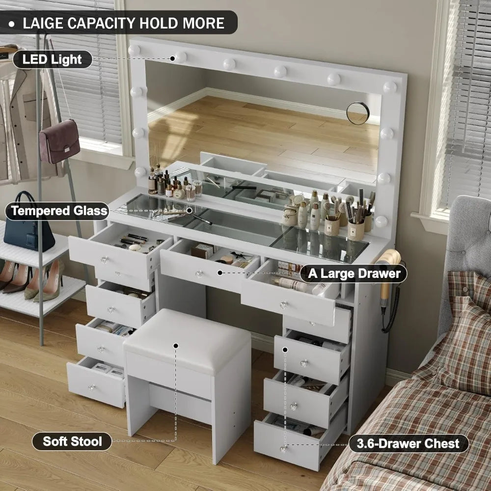 Vanity Desk with Power Outlet, Mirror and 12 LED Lights, 3 Lighting Modes, 11 Drawers Vanity Table with Chair, Glass Top