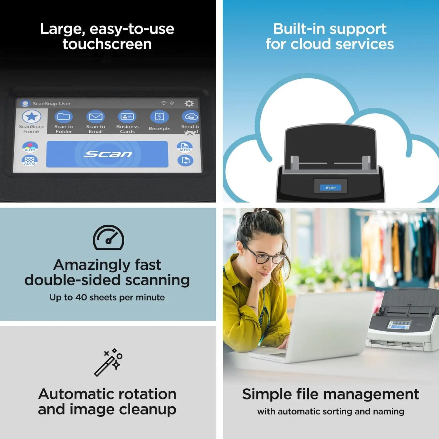 Wireless or USB High-Speed Cloud Enabled Document, Photo & Receipt Scanner with Large Touchscreen and Auto Document