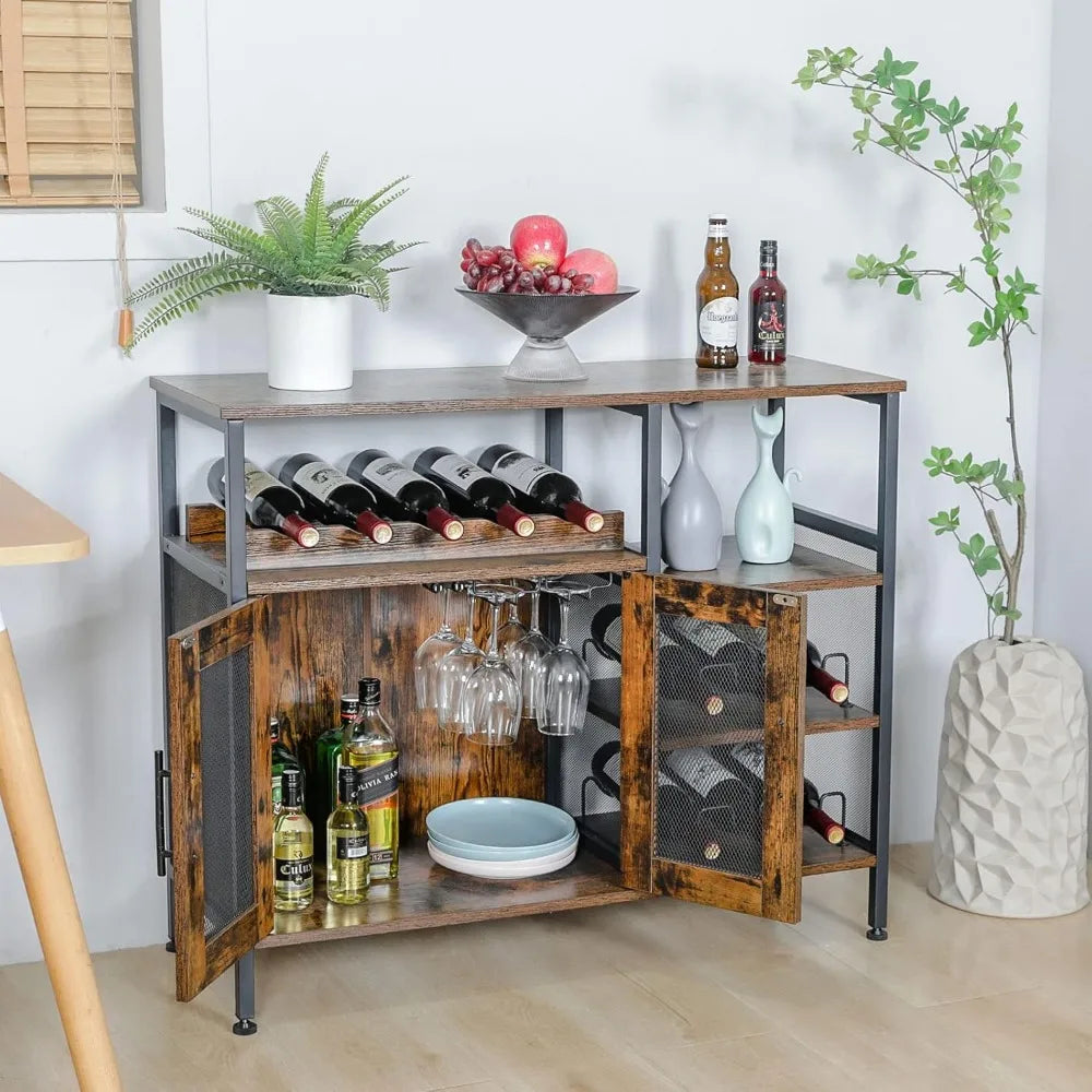 Wine Bar Rack Cabinet with Detachable Wine Rack, with Glass Holder, Small Sideboard and Buffet Cabinet with Mesh Door,