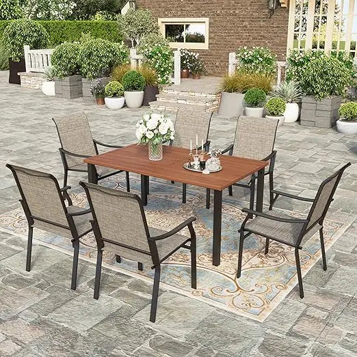 7 PCS Patio Dining Set,64" Extra Large Wood-Like Table with Double Umbrella Hole and 6 Person Dining Chairs,Outdoor Table Chairs