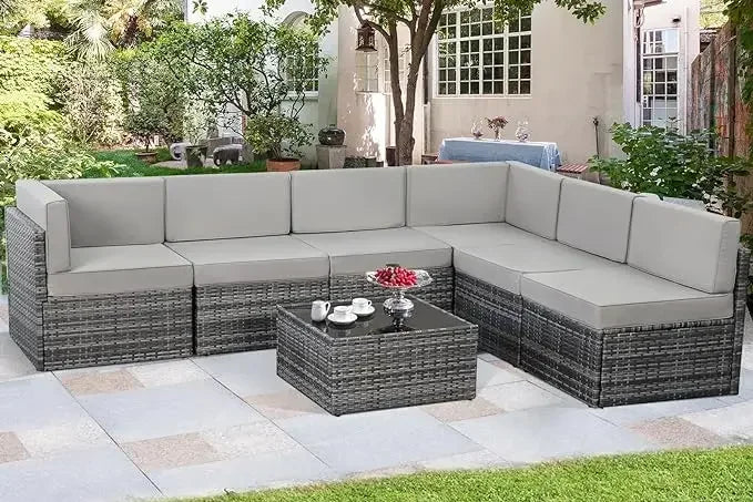 7 Pieces Patio Furniture Set, Modular Patio Set Wicker Outdoor Sectional Sofa Set PE Rattan Wicker Patio Conversation Set