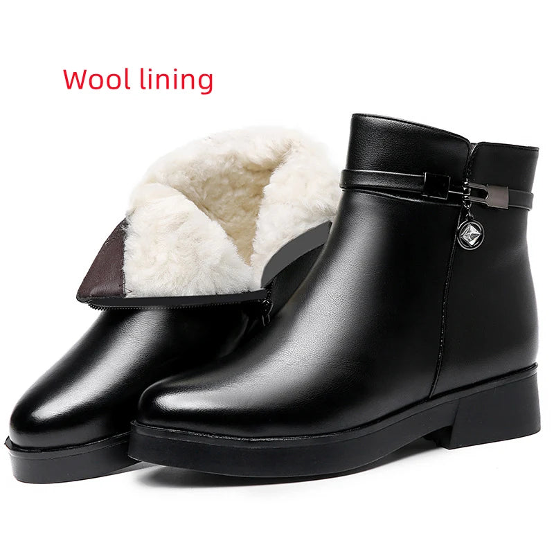 WOIZGIC Women Mother Female Ladies Genuine Leather Ankle Shoes Boots Platform Wool Plush Warm Fur Winter Zipper Plus Size 42 43