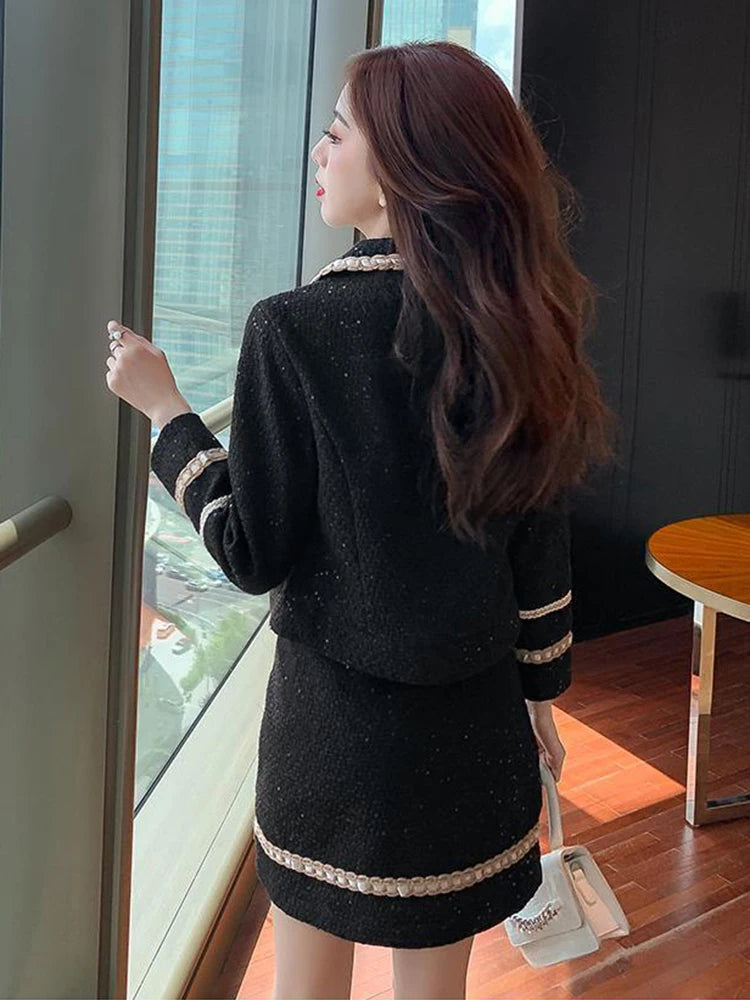 KBAT 2023 Elegant 2 Piece Set French Vintage Small Fragrance Tweed Jacket Spring Women's Coat + High Waist Elegant Mini Skirt