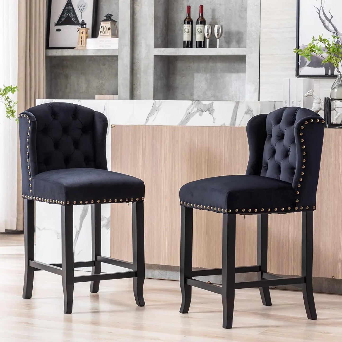 Bar Stools 26 Inch Counter Height Set of 2, Linen Upholstered Counter Chairs with Back, Armless Barstools Breakfast Stools