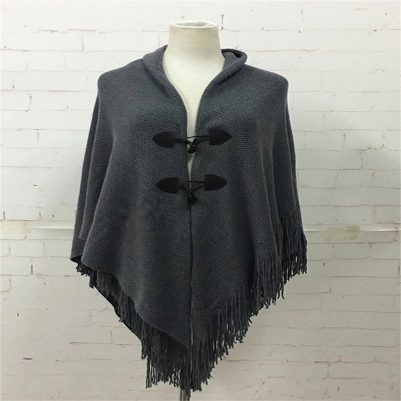 Winter Poncho Cape Cloak Shawl Wrap Poncho With Button Women Shawl Wrap Poncho Ruana Cape Cardigan Sweater Open