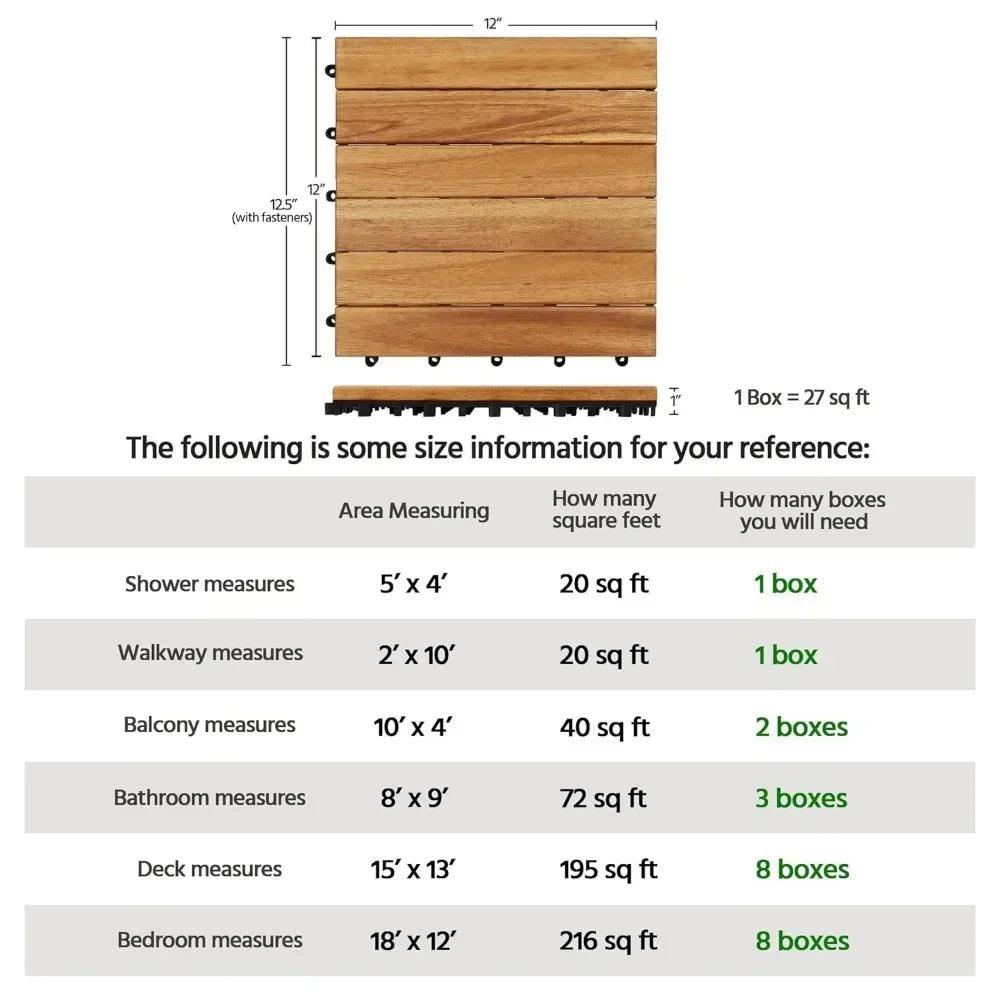 Garden flooring, 10PCS Acacia wood interlocking flooring for outdoor and indoor waterproofing, 12 x 12 inches, garden flooring