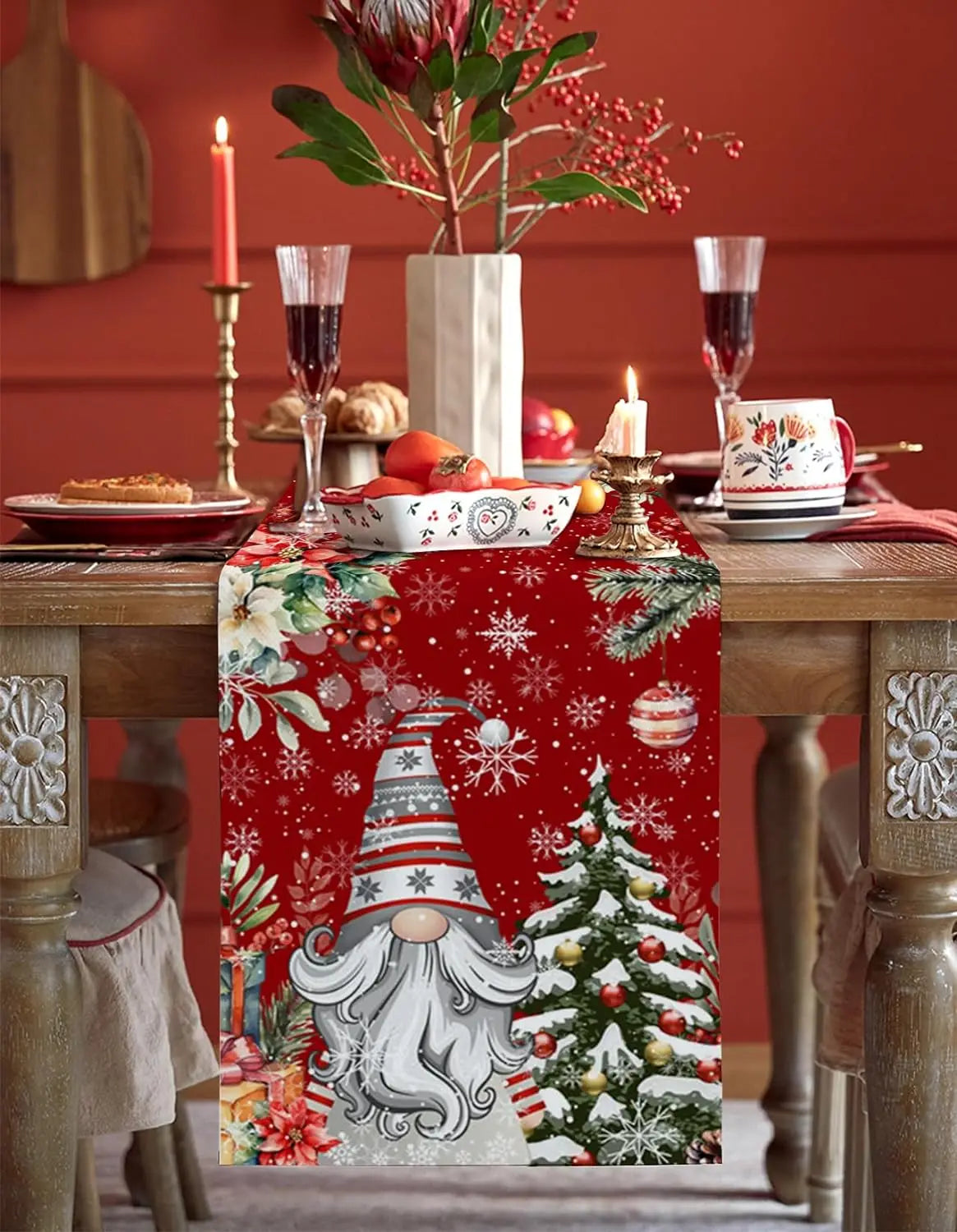 Christmas Tree Gnomes Snowflake Linen Table Runner Dresser Scarf Winter Xmas Kitchen Dining Table Runner Navidad Decoration 2025