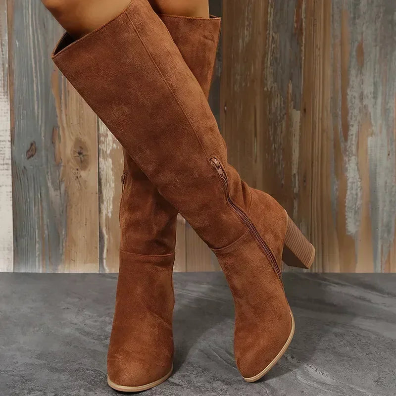 Women Retro High Heels Boots Western Cowboy Chunky Shoes  Winter New Warm Plush Leather Knee High Long Suede Boots 2024