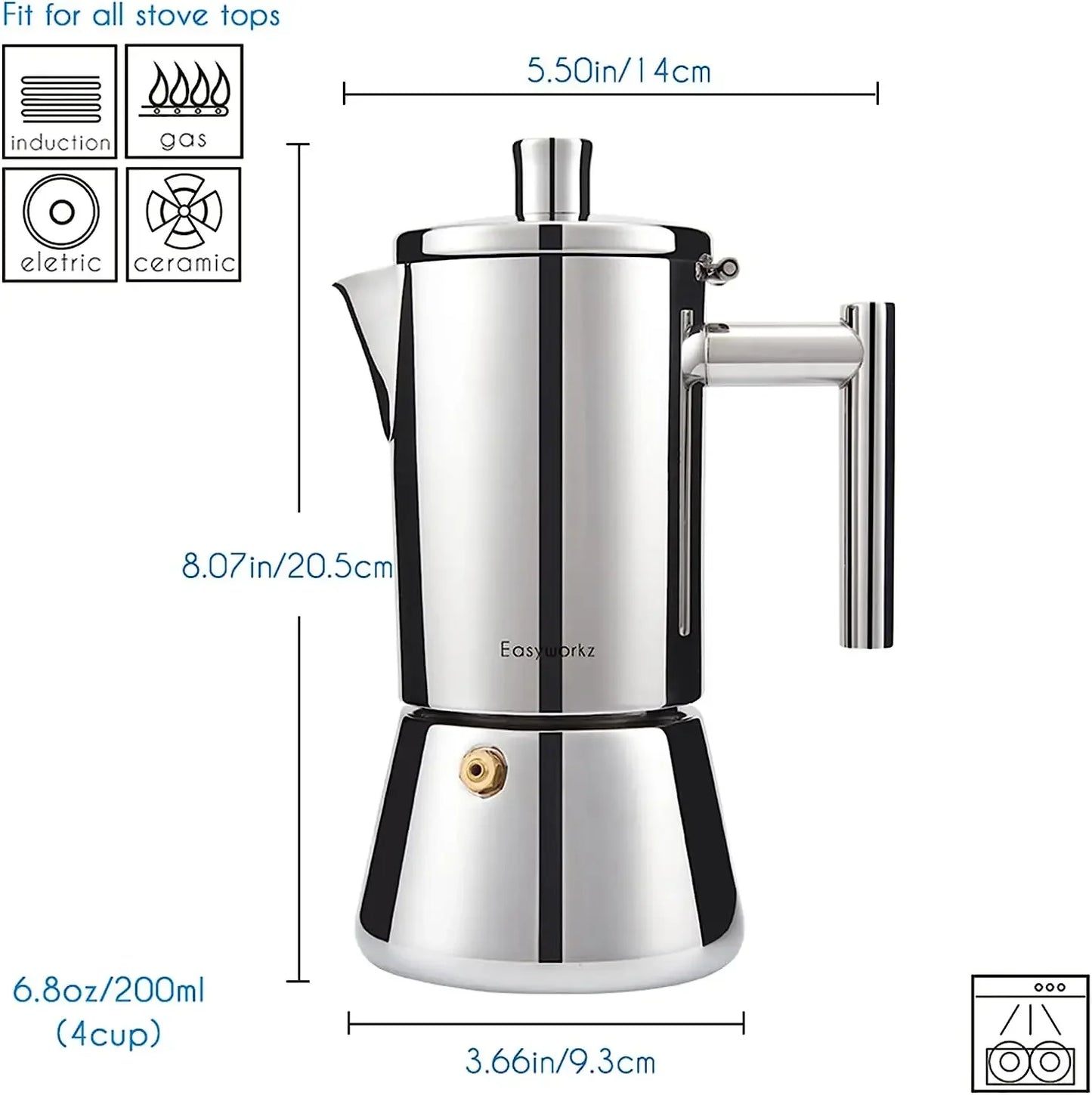 Easyworkz Diego Stovetop Espresso Maker, Stainless Steel Italian Coffee Machine, 4Cup, 6.8 oz Induction Moka Pot