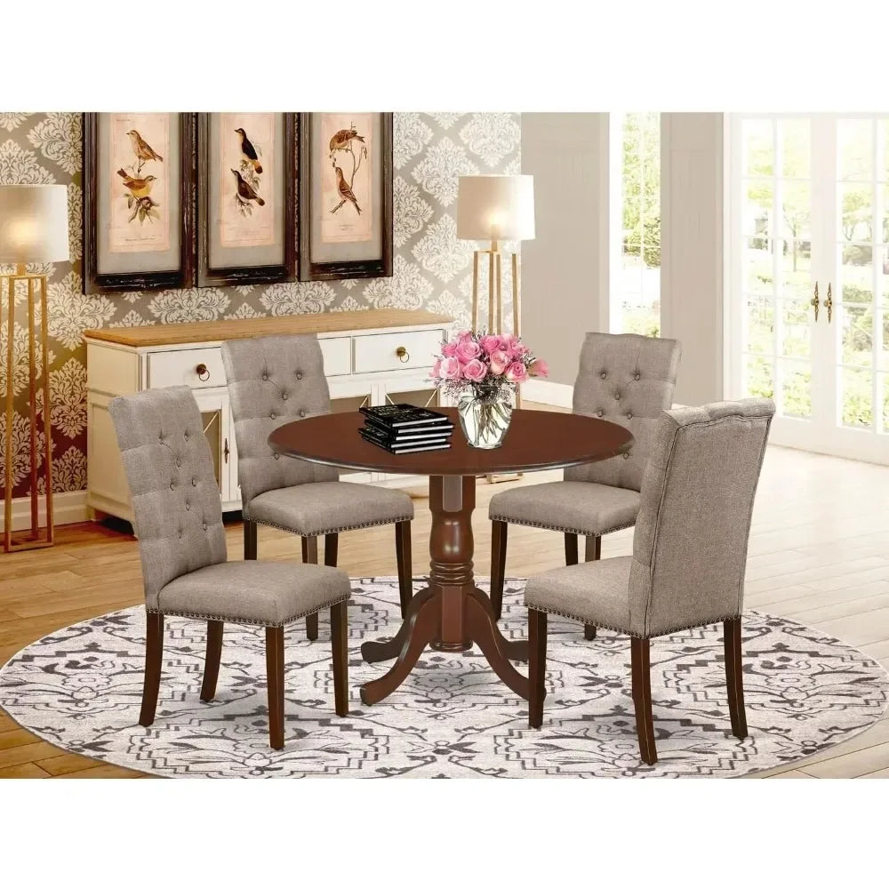 5 Piece Room Furniture Set Includes A Round Dining Table with Dropleaf and 4 Dark Khaki Linen Fabric, Dining Tables