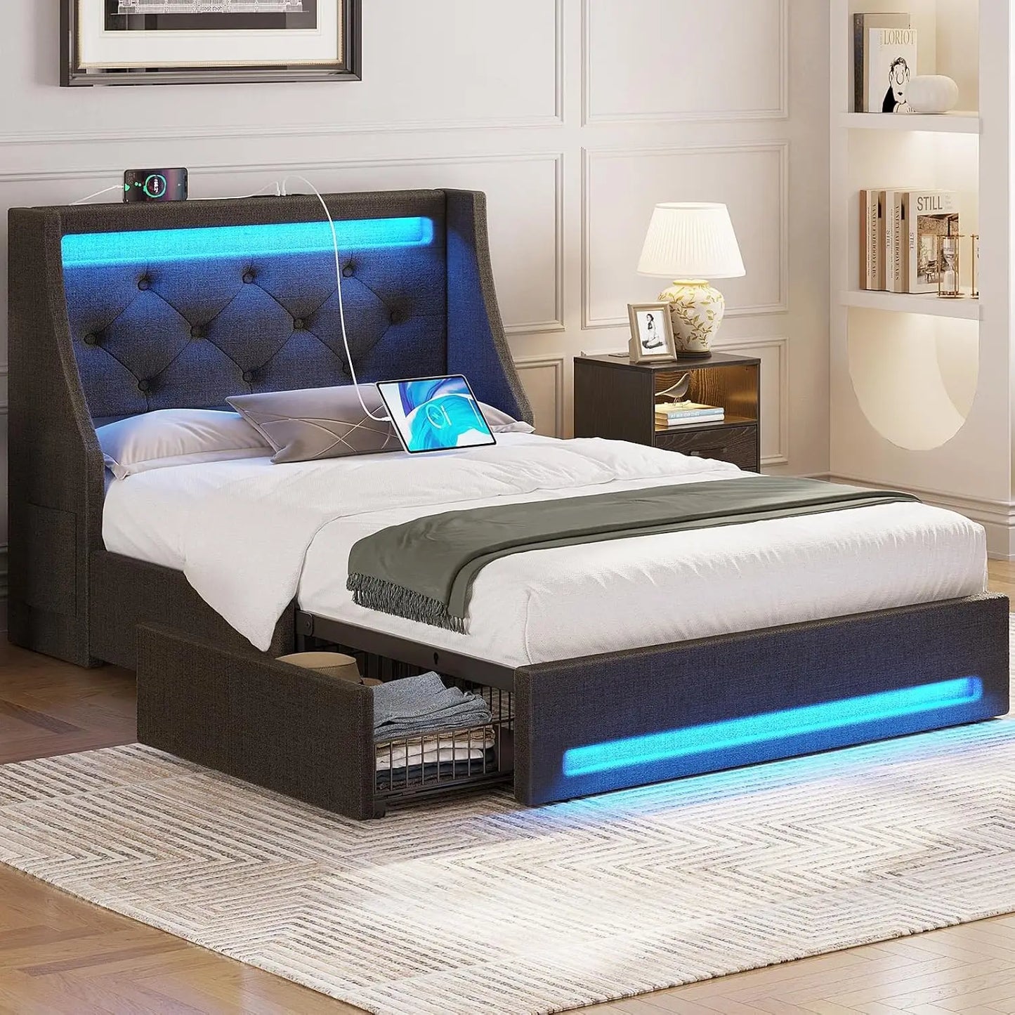 Full Bed Frame with LED Lights and Charging Station, Upholstered Bed with Drawers, Wooden Slats, Noise Free, Easy Assembly