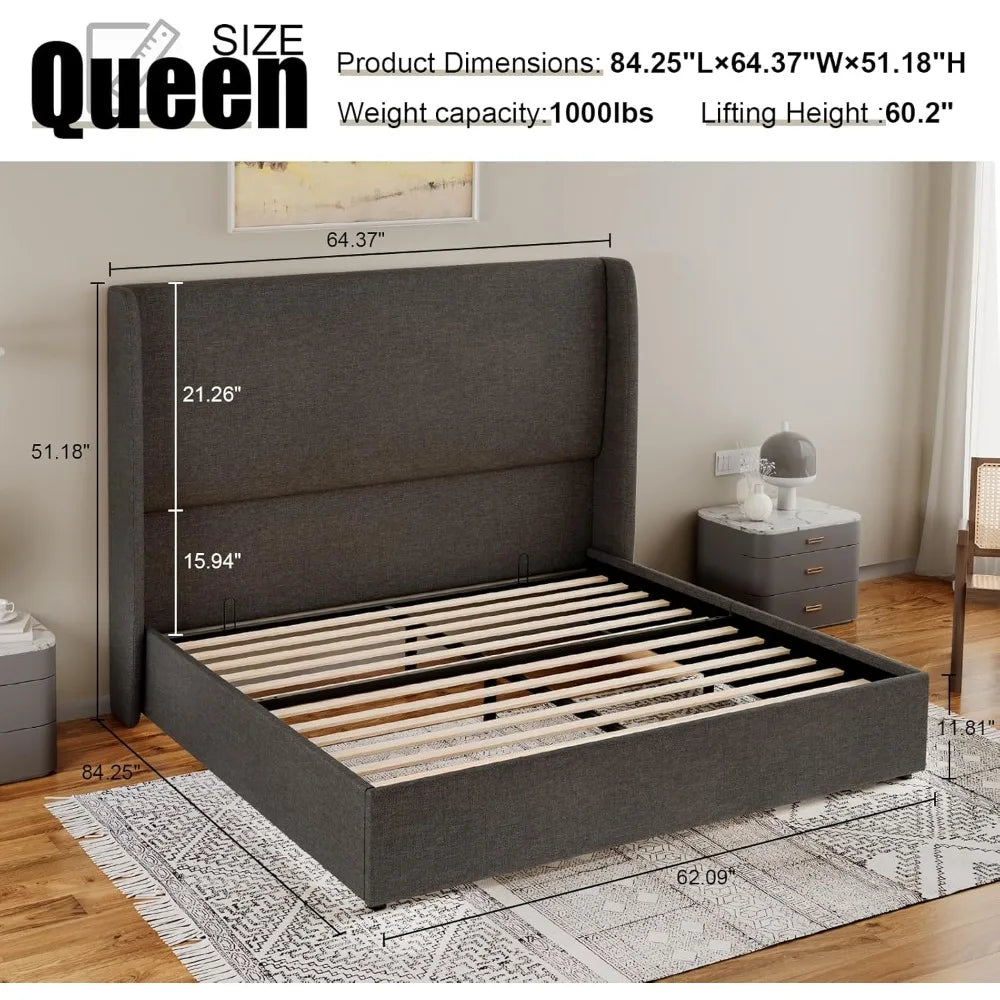 Storage Bed Queen Size Linen Upholstered Platform Bed Frame/Hydraulic Storage/Modern Wingback Headboard/No Box Spring Needed