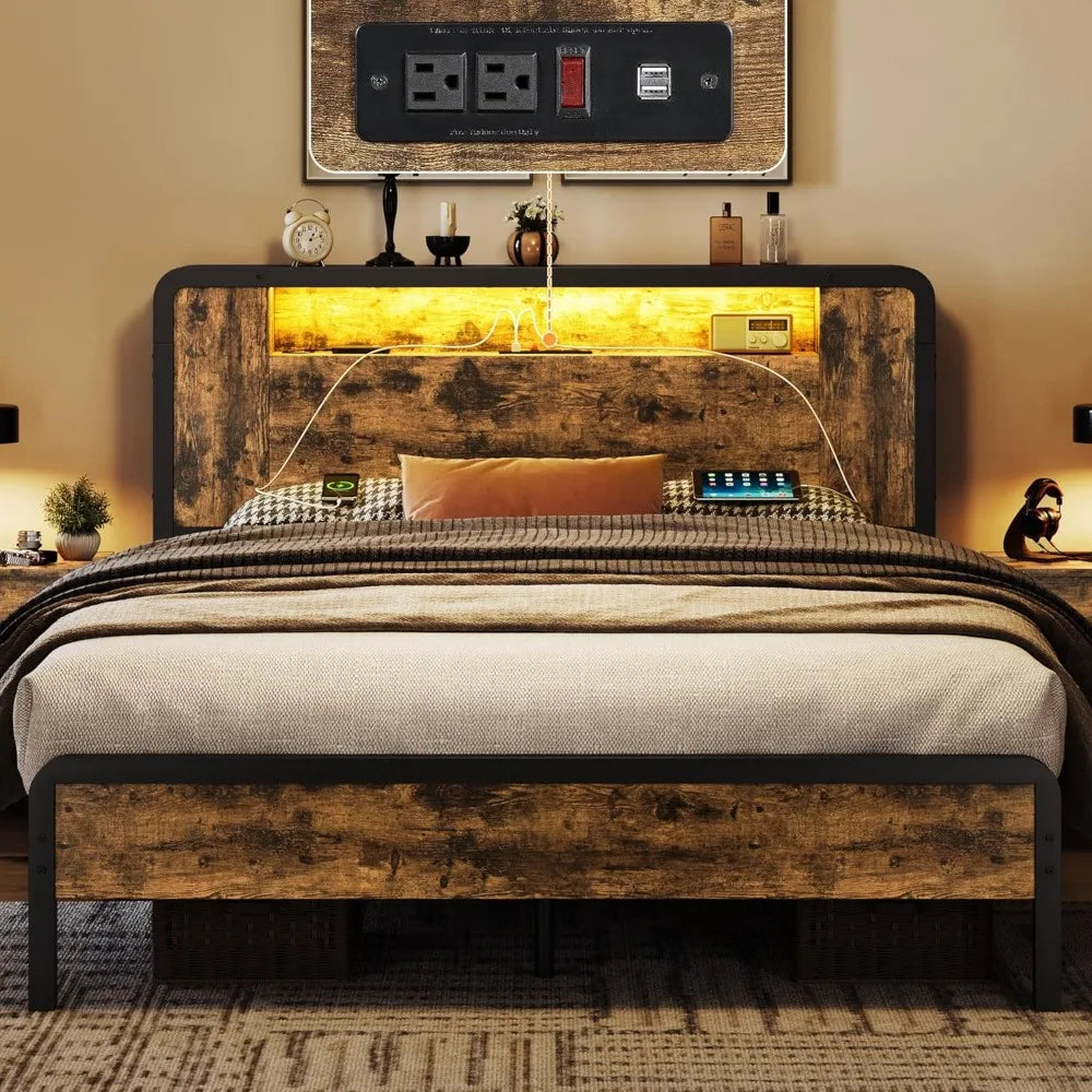 Queen Bed Frame Metal Bed with Wooden Headboard/Footboard, Storage Space and Adjustable LED Light, Mattress Foundation