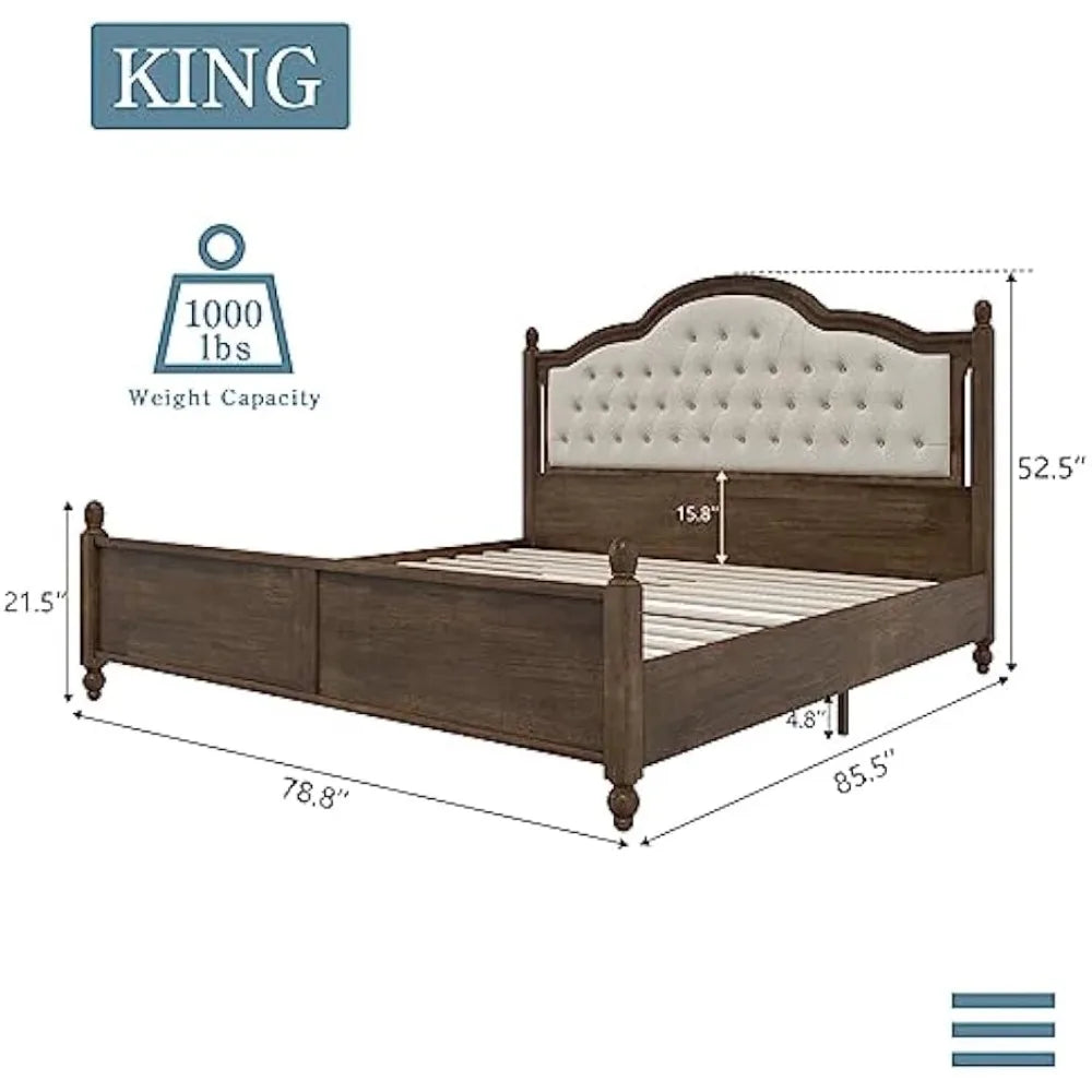 King Size Wood Bed Frame with Upholstered Headboard, Solid Wood Platform Bed with Linen Tufted, No Box Spring Needed, Walnut