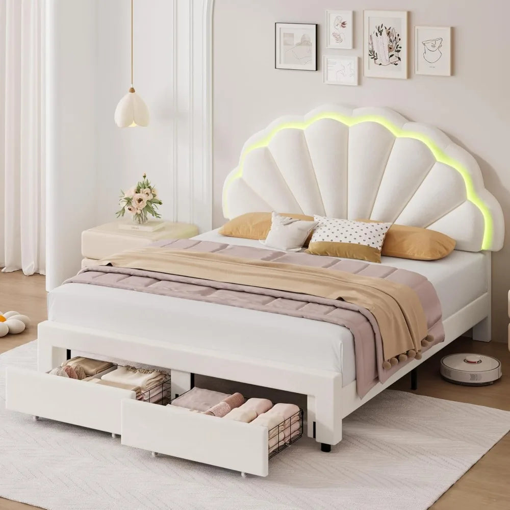 Upholstered Smart LED Bed Frame with 2 Storage Drawers & Adjustable Chic Double Petal Headboard, Velvet Princess Platform Bed