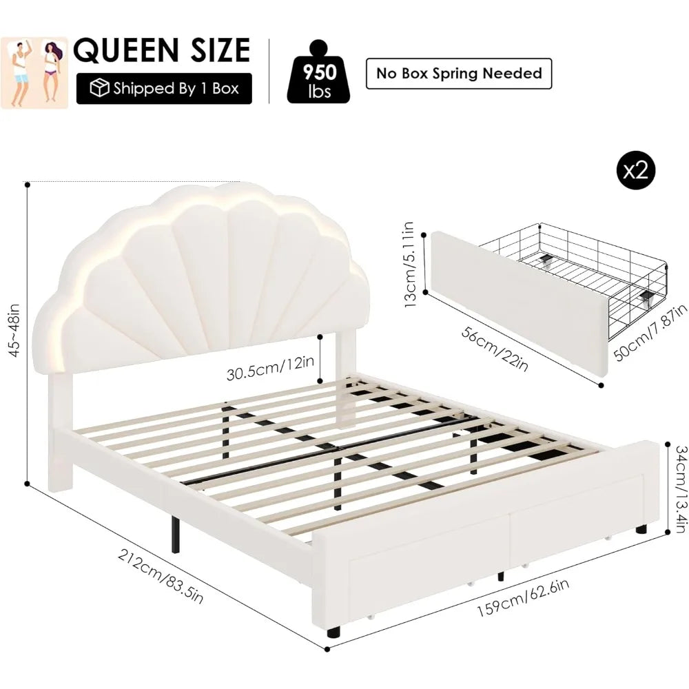 Upholstered Smart LED Bed Frame with 2 Storage Drawers & Adjustable Chic Double Petal Headboard, Velvet Princess Platform Bed