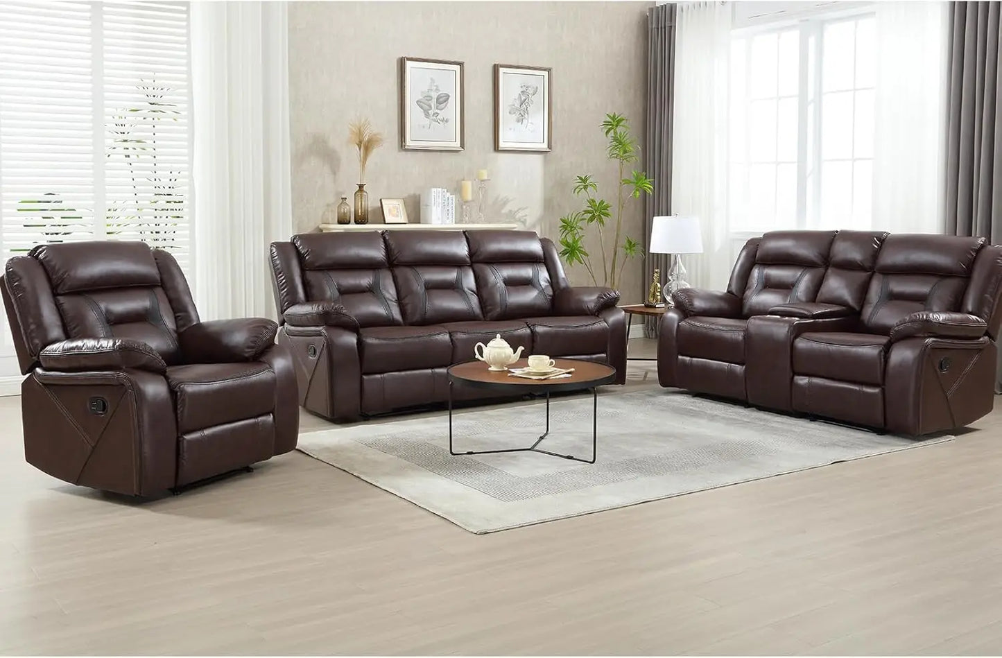 Faux Leather Recliner Sofa Furniture Set for Living Room, Recliner Chair, Manual Loveseat (Recliner+Loveseat+Sofa)