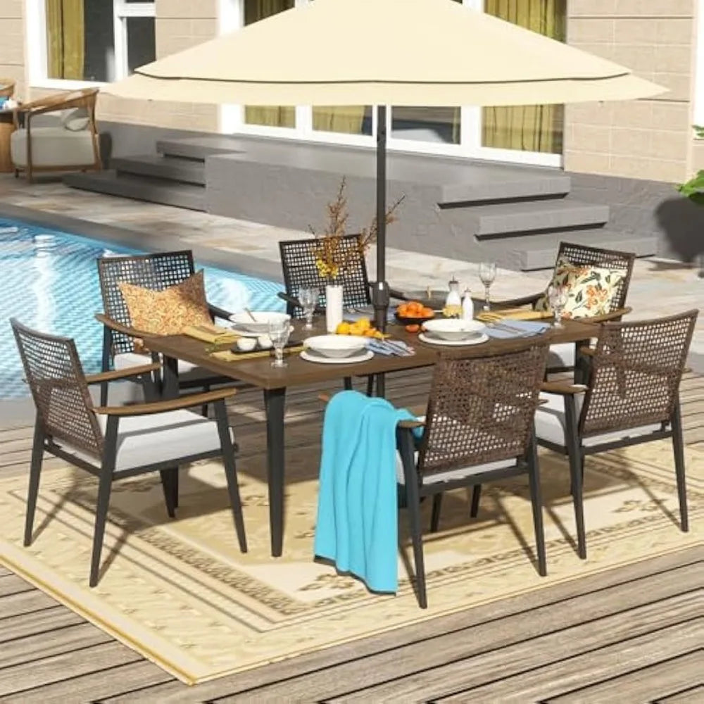 7Piece Patio Dining Table Sets,6 Rattan Wicker Chairs and 70” Large Dining Table with 1.65'' Umbrella Hole,Outdoor Furniture Set