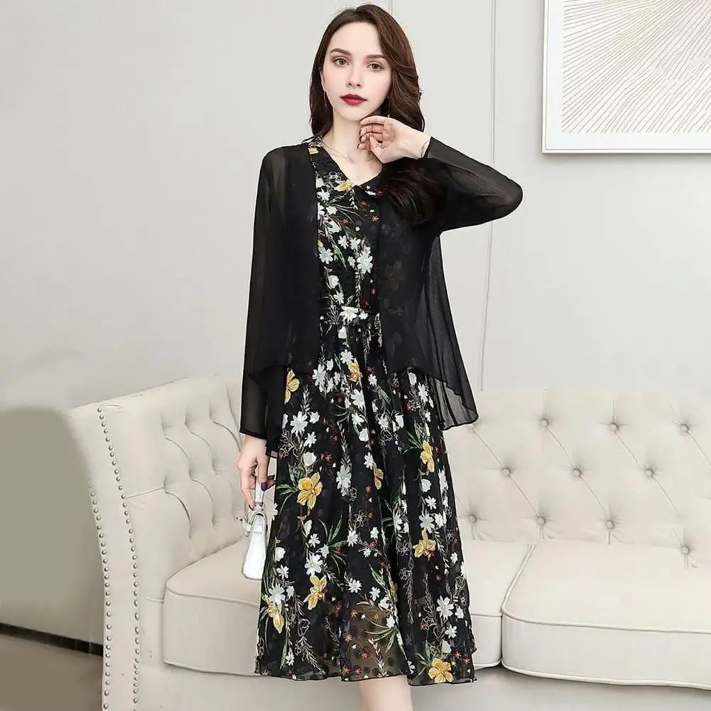 Women Cardigan Dress Set Elegant Floral Print Dress Cardigan Set with Lace-up Detail Doll Collar Slim Waist A-line Midi for A