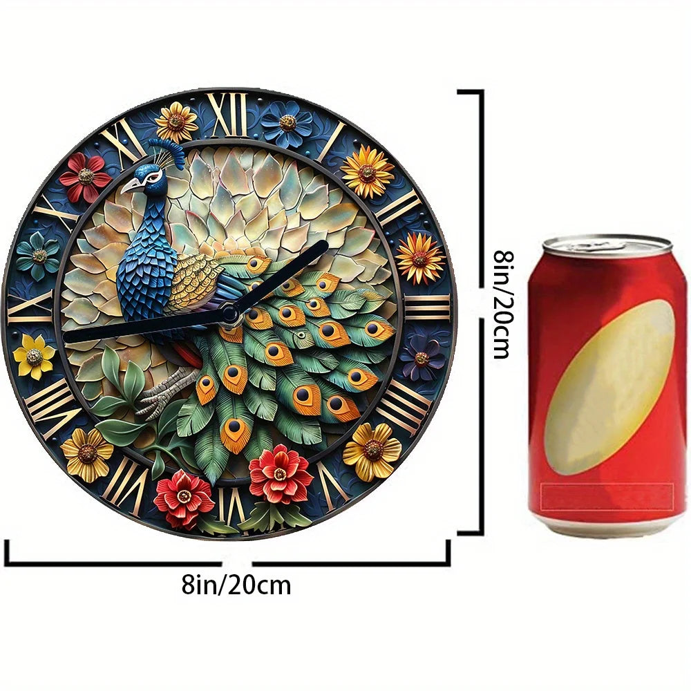 Peacock Wall Clock DIY Kit, Silent Movement, Decorative 2D High-Definition Print, Floral Peacock Design for Bedroom & Home Decor