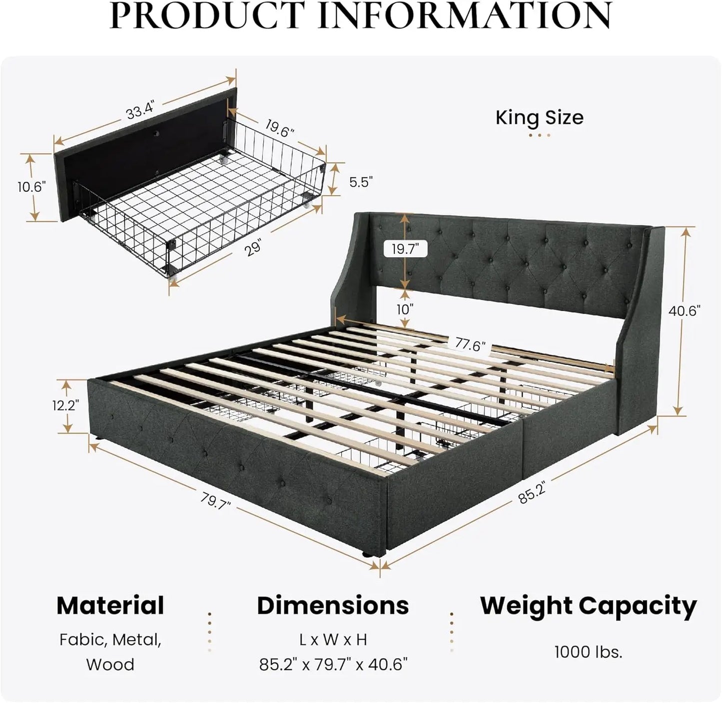 King Size Platform Bed Frame with 4 Storage Drawers and Wingback Headboard, Diamond Stitched Button Tufted Design