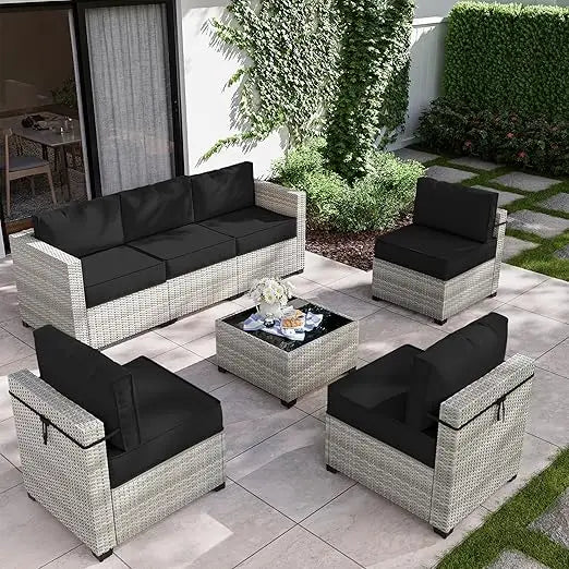 7-Piece Outdoor Patio Furniture Set, Gradient Wicker Sectional Sofa, Wicker Patio Conversation Set, Garden Furniture Sets