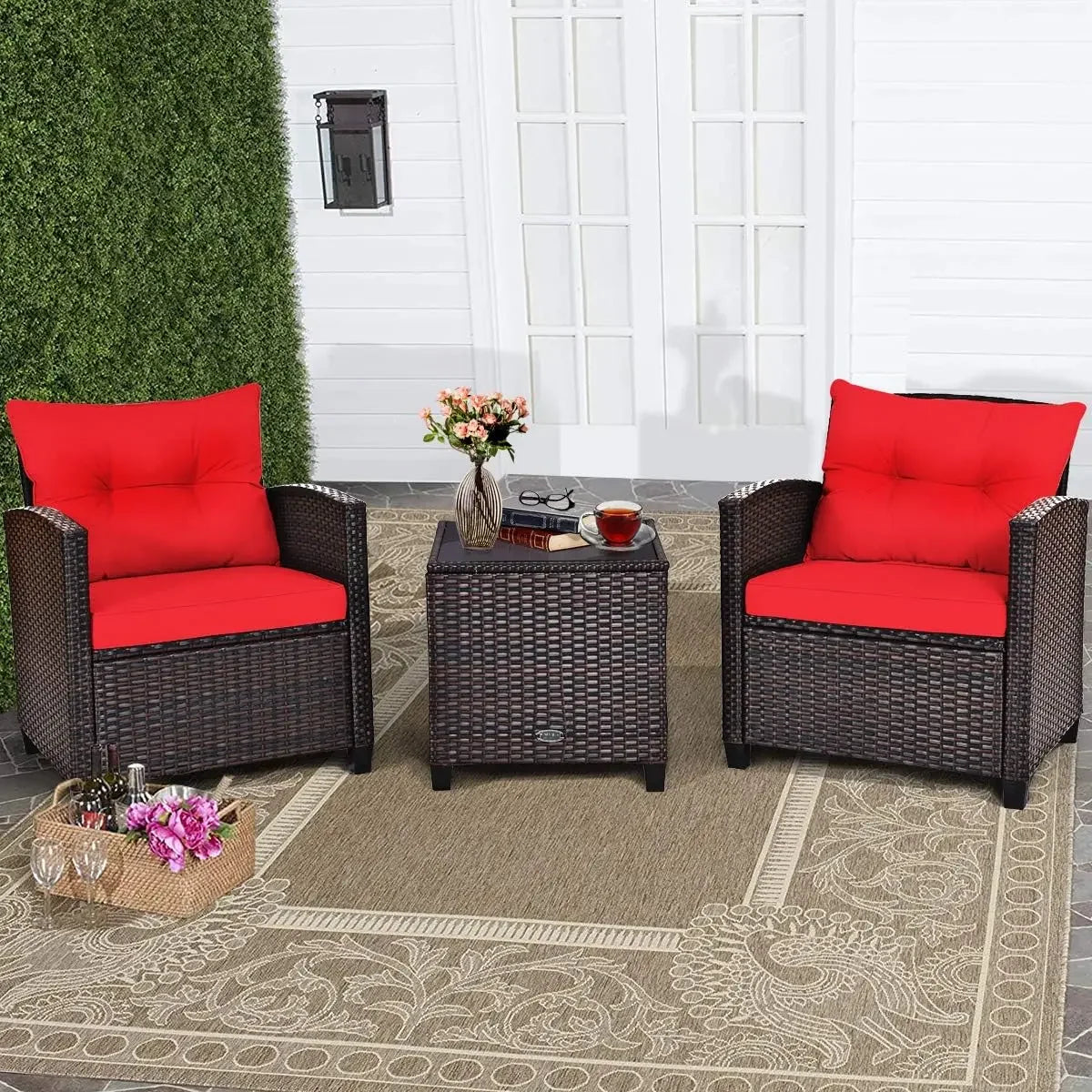 Patio Furniture Sets - 3 Pieces Rattan Sofa Set, Outdoor Conversation Set with Tempered Glass Tabletop, Outdoor Furniture Sets