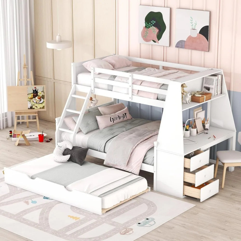 Bunk Beds ,with Trundle and Desk with Three Storage Drawers and One Shelf for Kids Boys Girls Teens, Wood Bunk Bed Frame