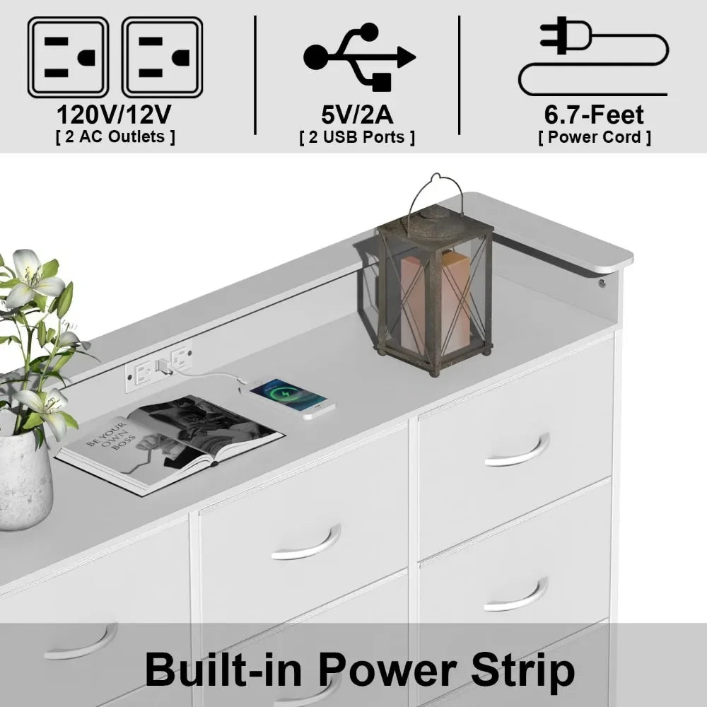 White Dresser with LED Light for Bedroom 9 Drawer Dressers with Charging Station Chests of Drawers for Entryway Closet bedroom