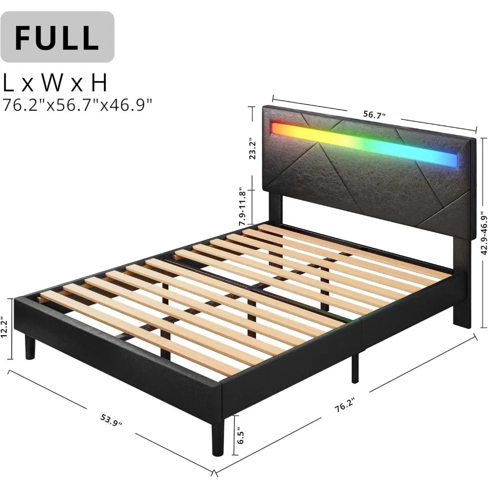 Bed Frame with LED Lights(Smart APP Control), Upholstered Modern Platform Bed Frame, No Box Spring Needed, Bed Bases