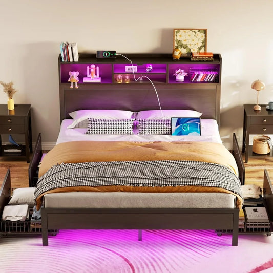 Bed Frame with Storage Headboard, Metal Platform Charging Station, LED 4 Drawers, Bookcase Storage, Easy Assembly Bed Frame