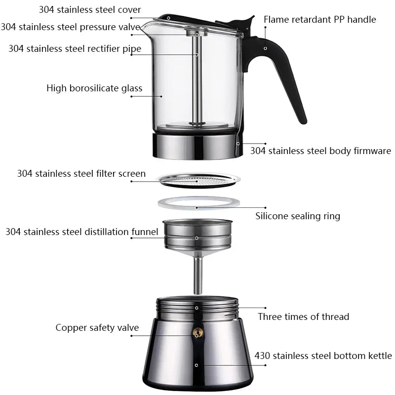 Stainless Steel Glass Coffee Maker CoffeePot Moka Pot Coffee Makers Kettle Coffee Brewer Latte Percolator Stove CoffeeTools