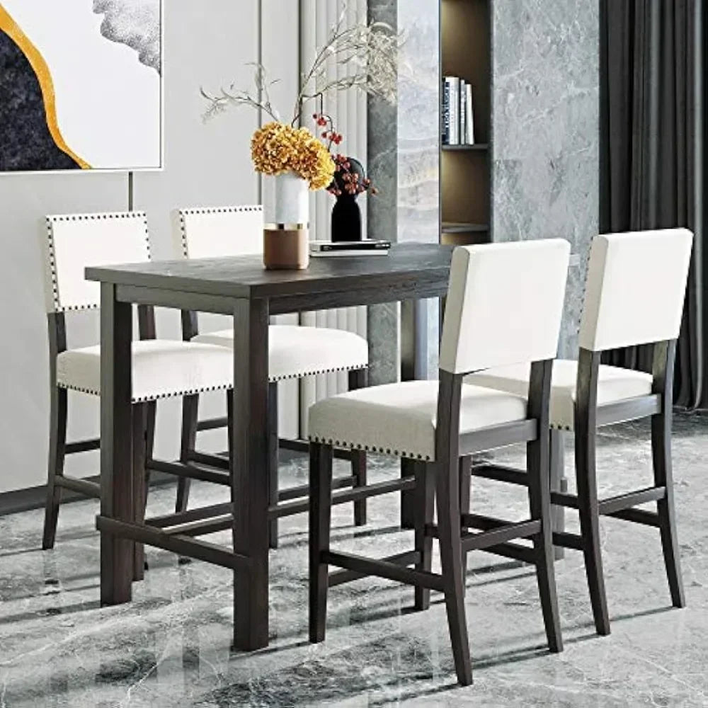 Dining Table Set of 5, with 4 Padded Chairs with Nailhead Trim, Espresso + Beige, Wooden Counter Height Dining Table Set