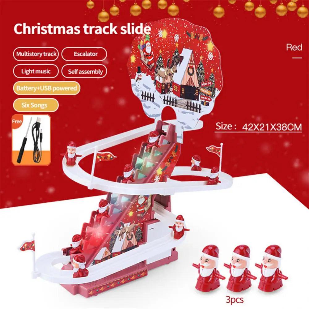 Kids Electric Santa Claus Climbing Stairs Toy DIY Rail Racing Track Music Roller Coaster Duck Toy For Baby Kids Christmas Gift