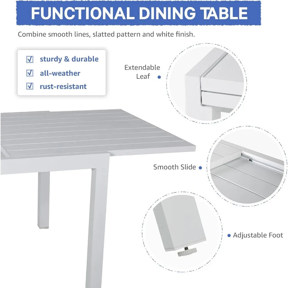 7-Piece Outdoor Patio Dining Set, 6 Stackable Chairs with Gray Removable Cushions, Aluminum Expandable Outdoor Dining Table Set