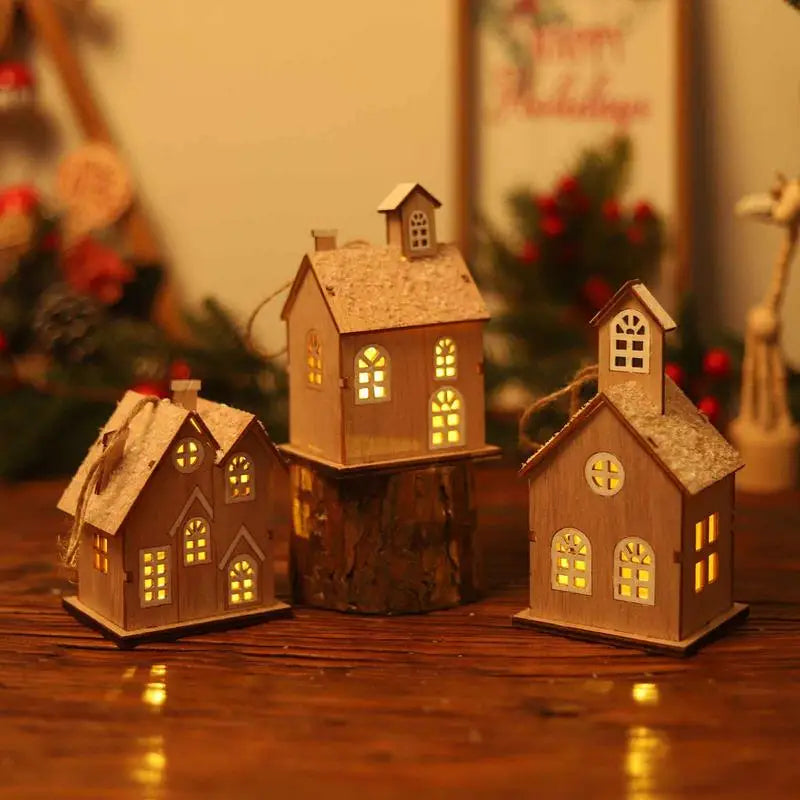 Lighted Christmas Houses Village Wooden Christmas Scene Ornament Decorative Glowing Miniature House Holiday Seasonal Decor