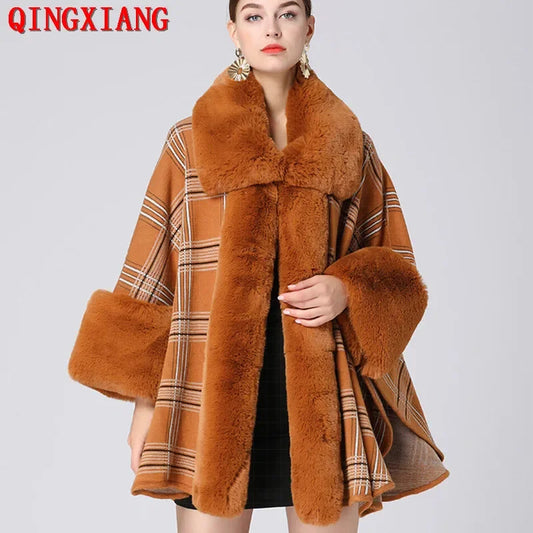 4 Colors Women Party Overcoat Cloak Winter Faux Rabbit Fur Big Collar Knitted Cardigan Cape Cashmere Long Sleeve Plaid Poncho