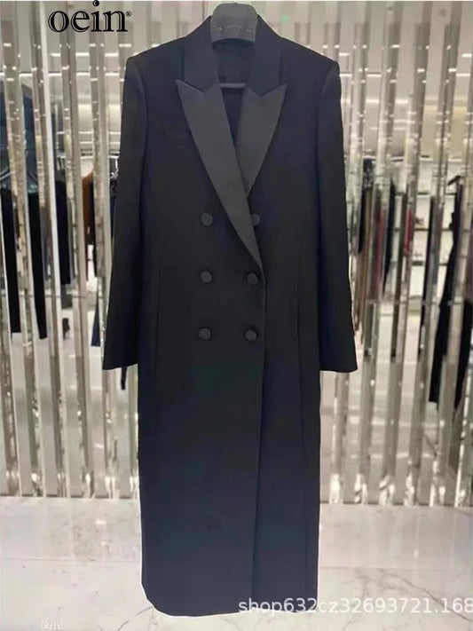 [oein] 2024 Autumn Black High-end Mid Length Trench Coat For Women New Double Breasted Long Slim Fit Suit Jacket