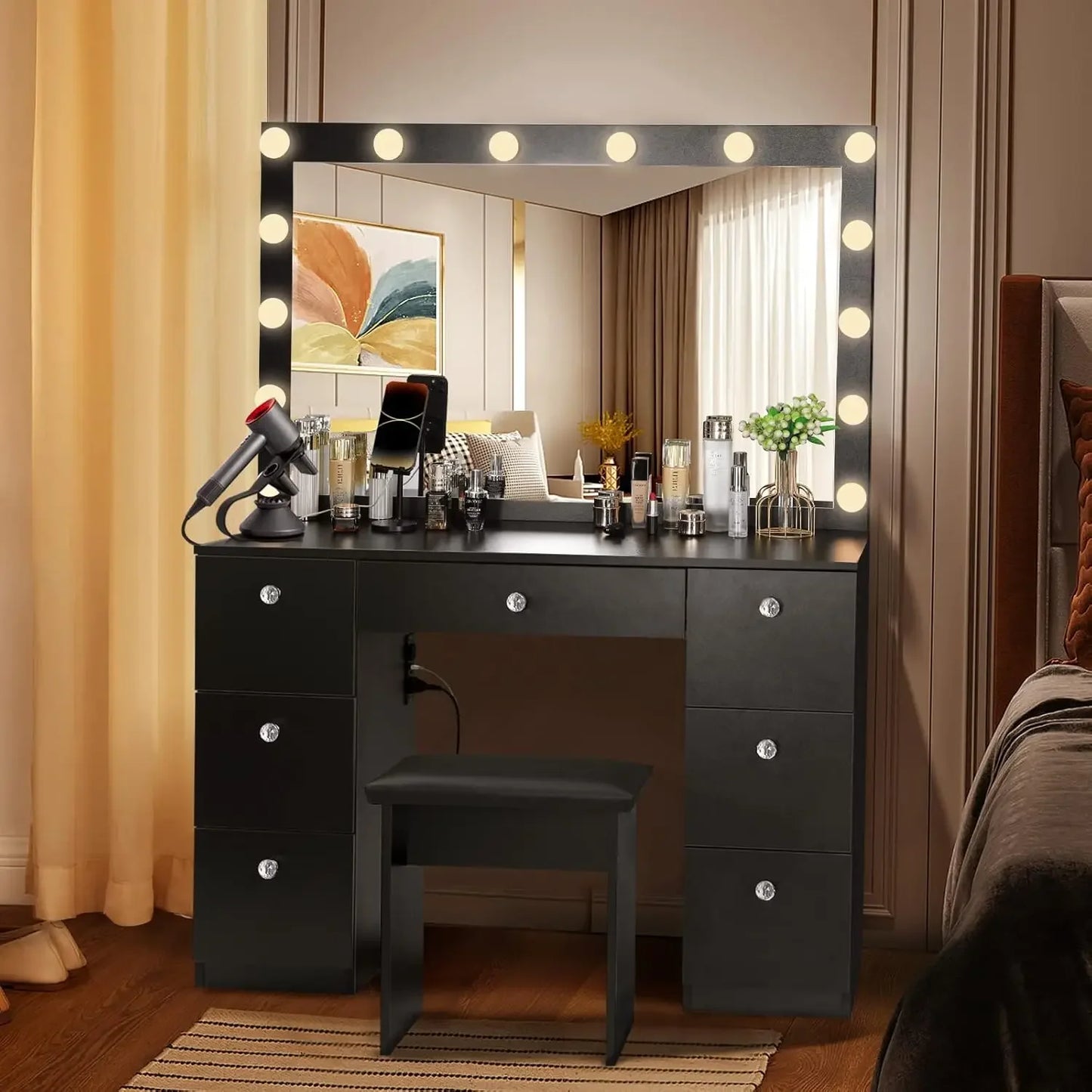 Vanity with Lighted Mirror,3 Color Lighting Modes Adjustable Brightness Makeup Vanity Desk with Power Outlet and LED Bulbs