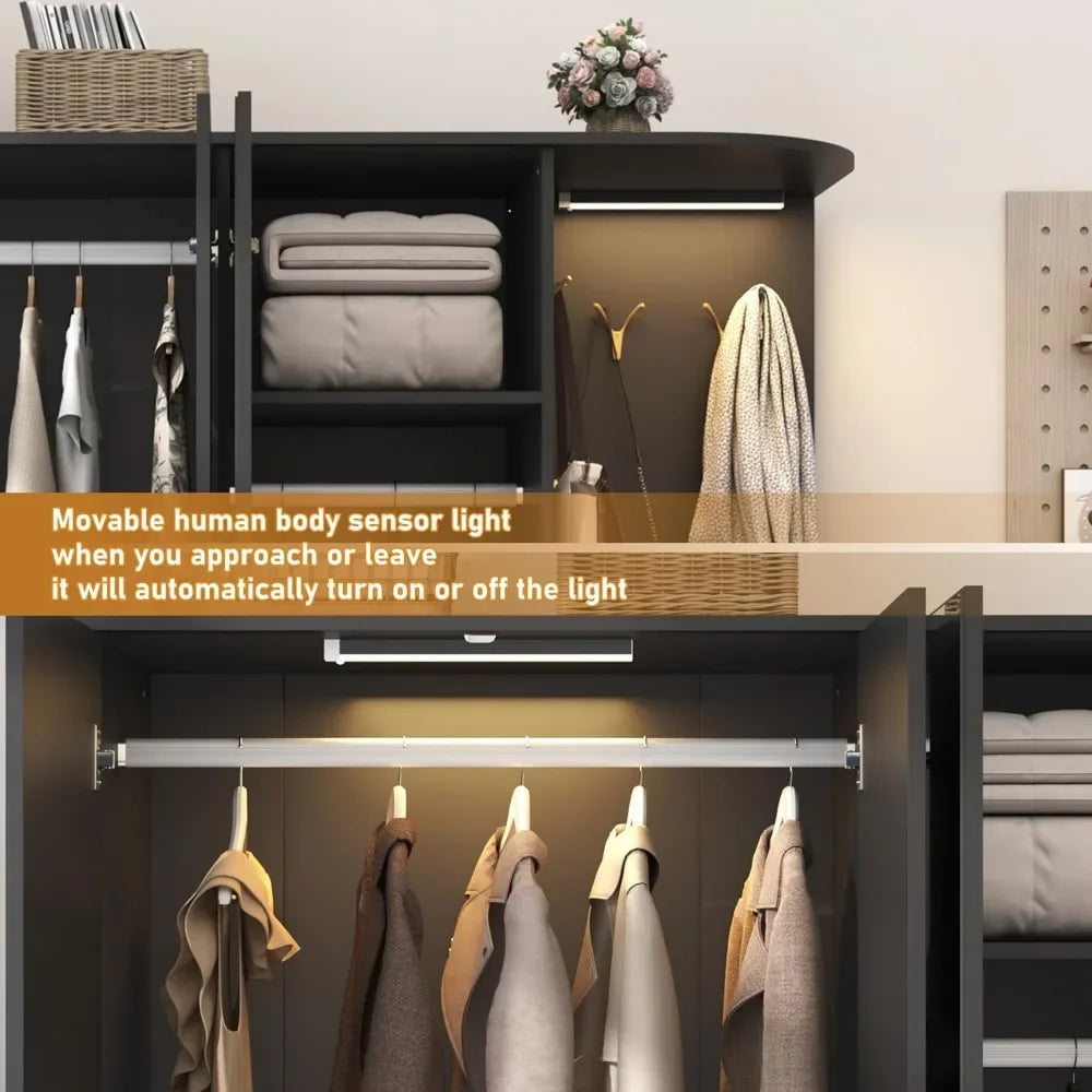 Wardrobe Closet with Mirror and Sensor Light, Armoire with 5 Doors 2 Drawers, Modern Wooden Large Wardrobe Closet with Shelves